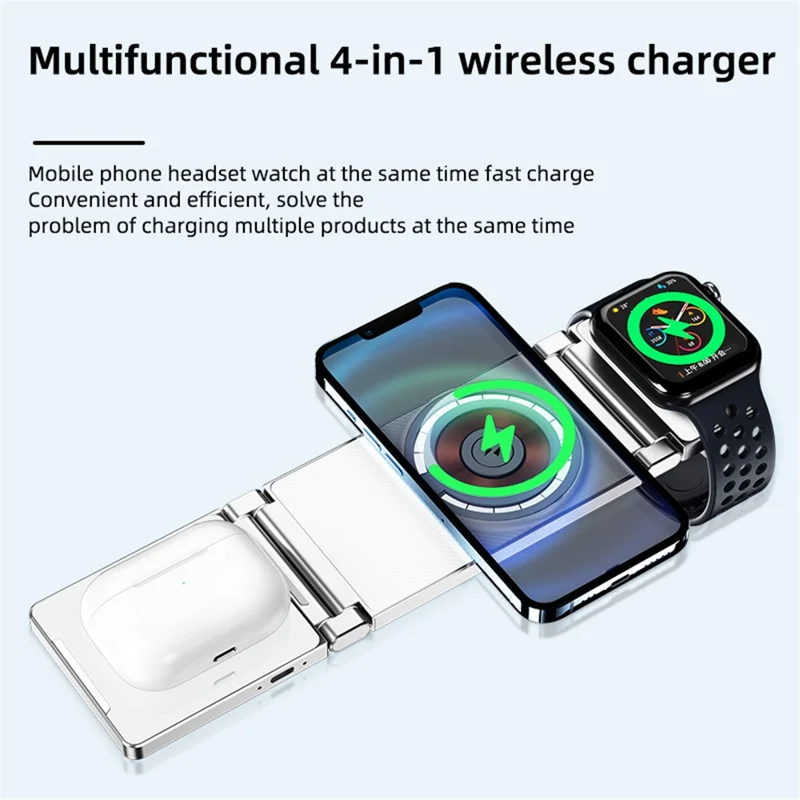 T30 4 in 1 Wireless Charging Station Stand Multifunctional Folding Magnetic Charger Cordless for Cell Phone Watch Headset - White