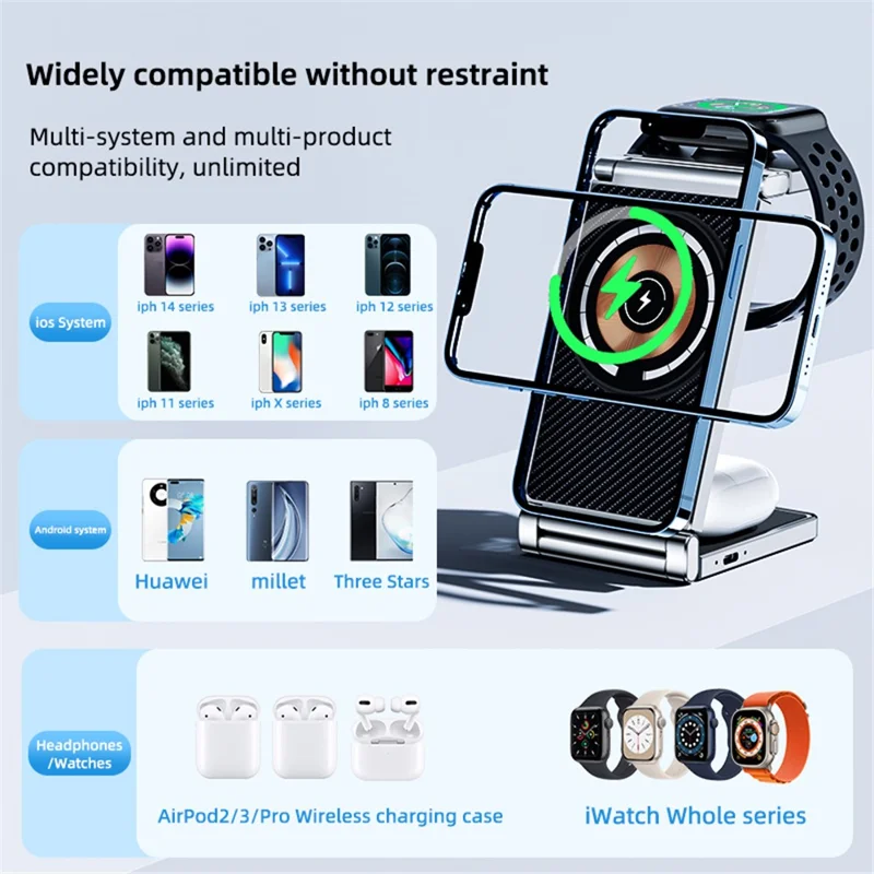 T30 4 in 1 Wireless Charging Station Stand Multifunctional Folding Magnetic Charger Cordless for Cell Phone Watch Headset - White