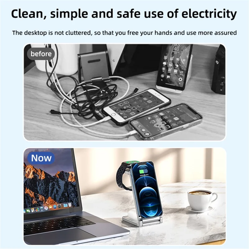 T30 4 in 1 Wireless Charging Station Stand Multifunctional Folding Magnetic Charger Cordless for Cell Phone Watch Headset - White