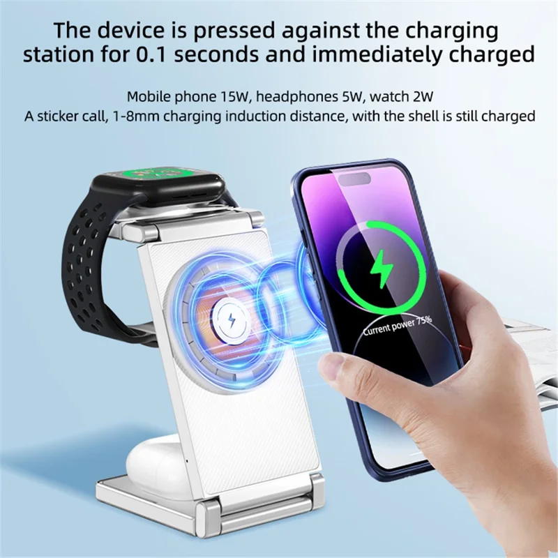 T30 4 in 1 Wireless Charging Station Stand Multifunctional Folding Magnetic Charger Cordless for Cell Phone Watch Headset - White