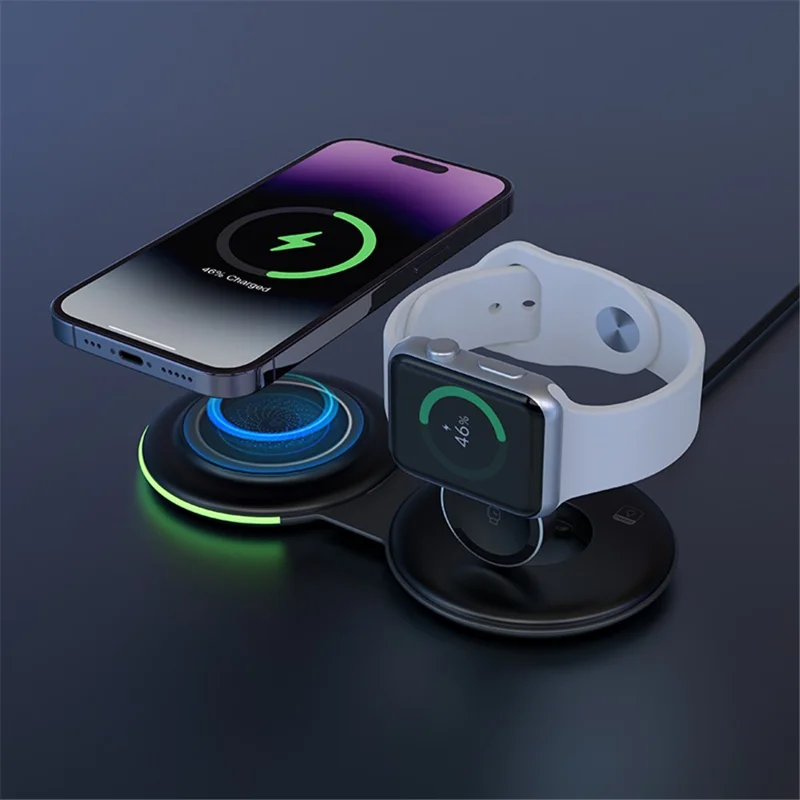 F23 15W 2-in-1 Folding Cell Phone Magnetic Wireless Charger Compact Portable Charging Pad for Earbuds, Watch - Black