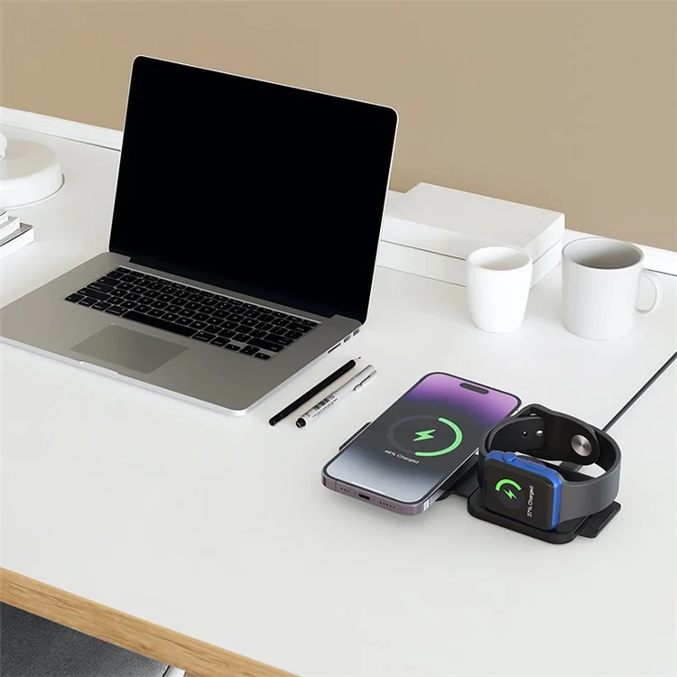 F25 15W 2-in-1 Mobile Phone Magnetic Wireless Charger Folding Portable Slim Charging Station with Colorful Lights - White