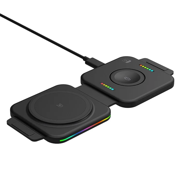 F25 15W 2-in-1 Mobile Phone Magnetic Wireless Charger Folding Portable Slim Charging Station with Colorful Lights - White