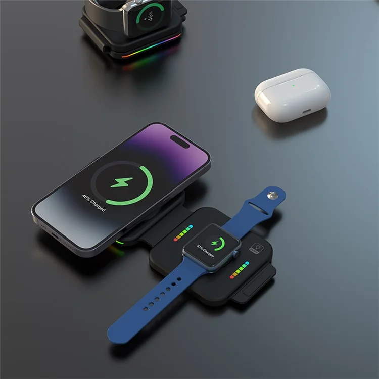 F25 15W 2-in-1 Mobile Phone Magnetic Wireless Charger Folding Portable Slim Charging Station with Colorful Lights - White
