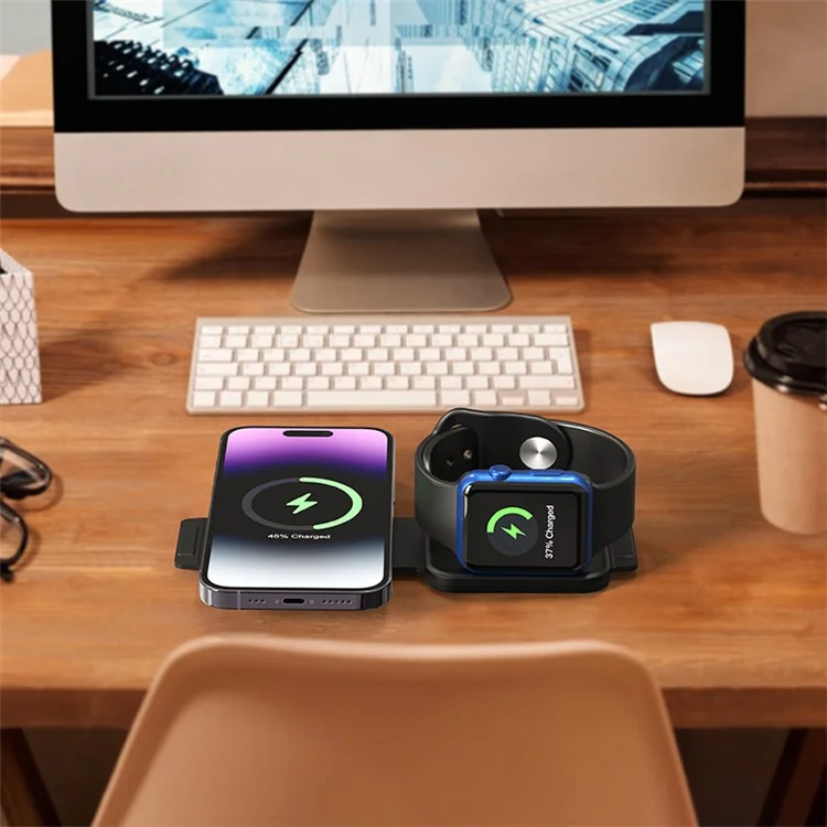 F25 15W 2-in-1 Mobile Phone Magnetic Wireless Charger Folding Portable Slim Charging Station with Colorful Lights - White