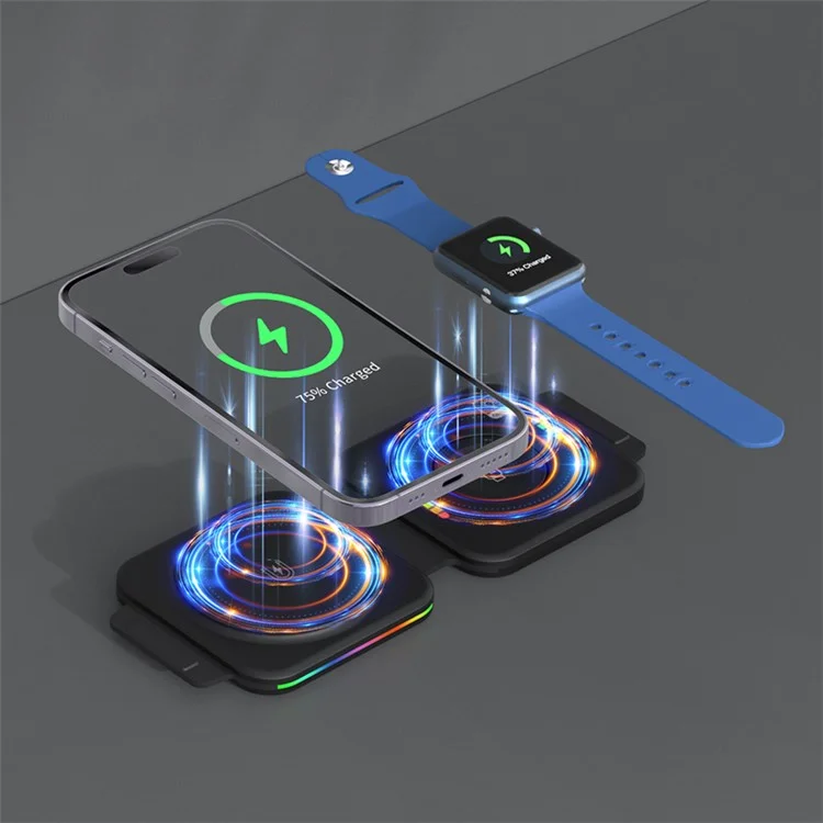F25 15W 2-in-1 Mobile Phone Magnetic Wireless Charger Folding Portable Slim Charging Station with Colorful Lights - White
