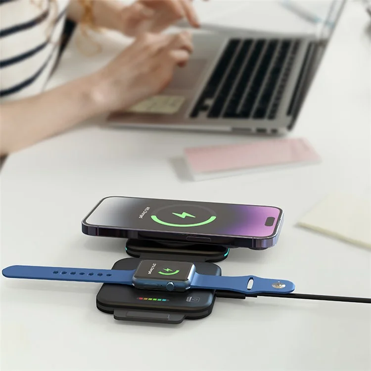 F25 15W 2-in-1 Mobile Phone Magnetic Wireless Charger Folding Portable Slim Charging Station with Colorful Lights - White