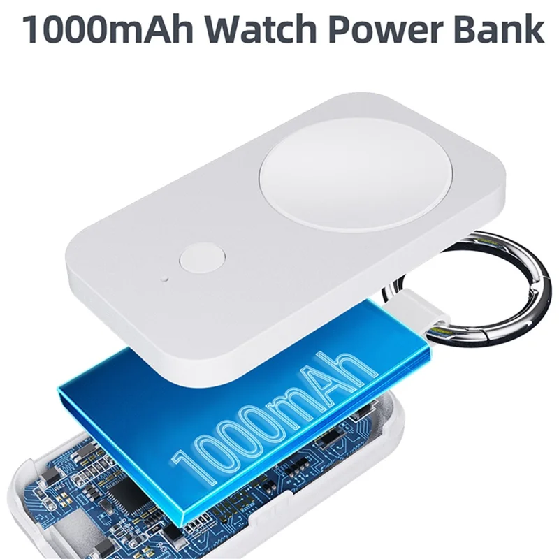 Carregador Portátil Sem Fio V9S para Samsung Galaxy Watch 5 Pro 45mm, Banco de Energia de 1000mAh com Chaveiro - Branco