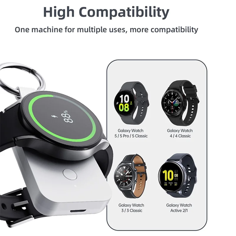 Carregador Portátil Sem Fio V9S para Samsung Galaxy Watch 5 Pro 45mm, Banco de Energia de 1000mAh com Chaveiro - Branco