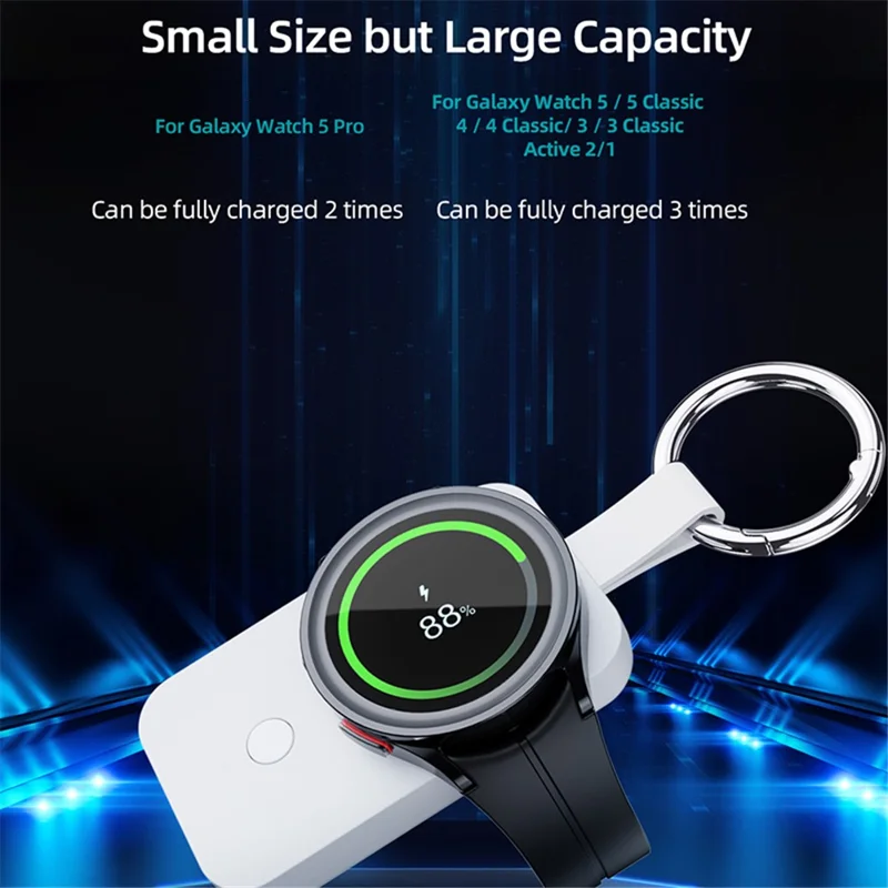 Carregador Portátil Sem Fio V9S para Samsung Galaxy Watch 5 Pro 45mm, Banco de Energia de 1000mAh com Chaveiro - Branco