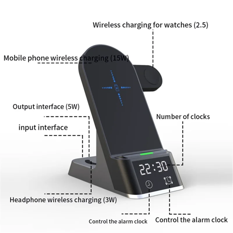 H35 6-in-1 Magnetic Wireless Charging Station ABS+Tempered Glass 15W Fast Charger Stand with Alarm Clock for Phone / Watch / Earphones