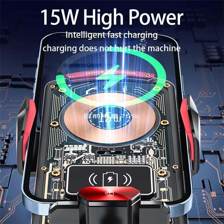 A6 15W Intelligent Magnetic Wireless Charger Phone Mount Automatic Clamping Car Phone Holder with RGB Dazzling Lights - Black