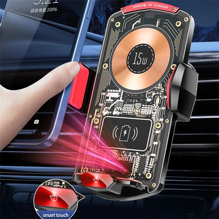 A6 15W Intelligent Magnetic Wireless Charger Phone Mount Automatic Clamping Car Phone Holder with RGB Dazzling Lights - Black