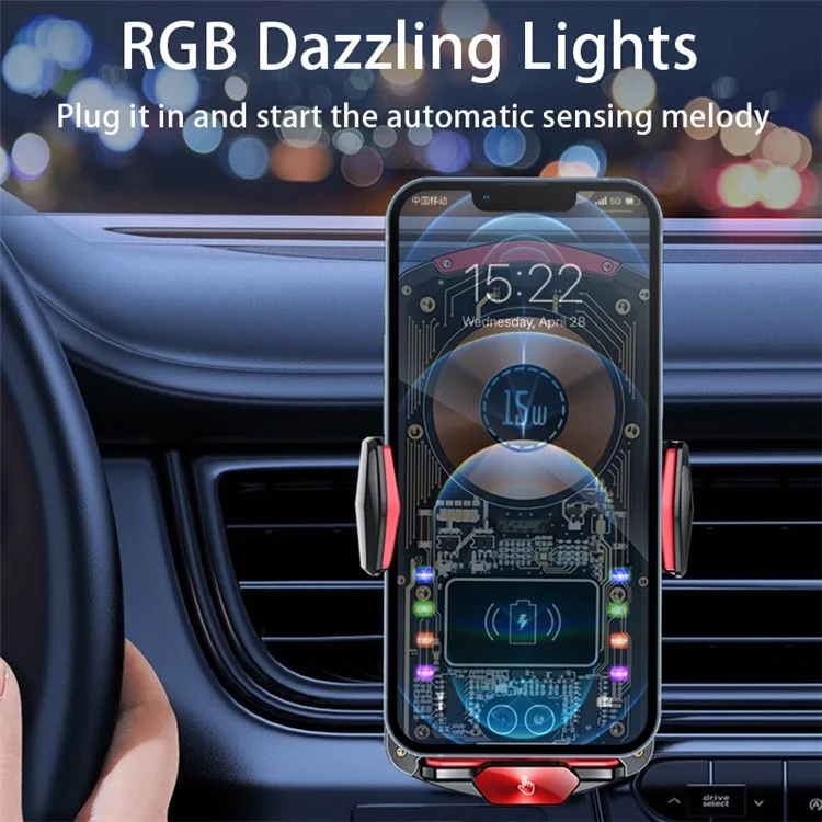 A6 15W Intelligent Magnetic Wireless Charger Phone Mount Automatic Clamping Car Phone Holder with RGB Dazzling Lights - Black
