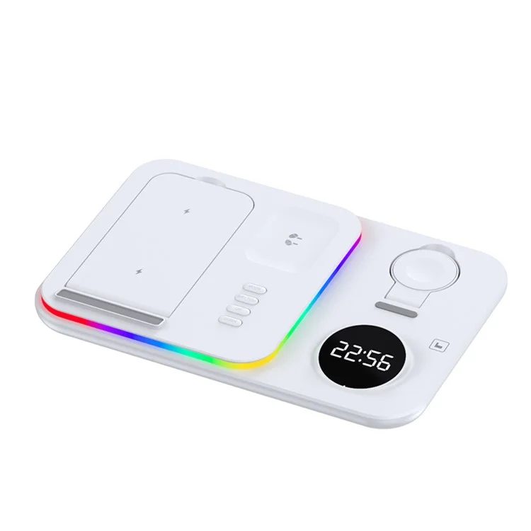 JJT-A82 Folding Cell Phone Wireless Charger RGB Lights Multifunction Headphone Watch Charging Station with Clock - White
