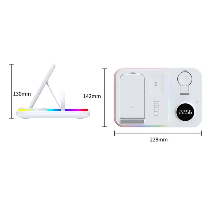 JJT-A82 Folding Cell Phone Wireless Charger RGB Lights Multifunction Headphone Watch Charging Station with Clock - White