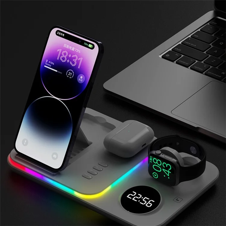 JJT-A82 Folding Cell Phone Wireless Charger RGB Lights Multifunction Headphone Watch Charging Station with Clock - White