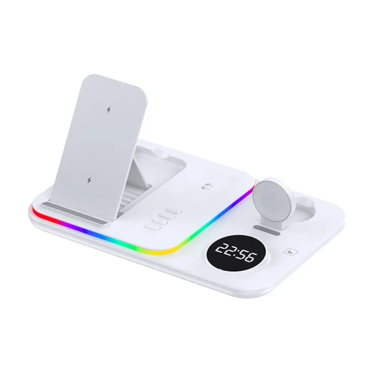 JJT-A82 Folding Cell Phone Wireless Charger RGB Lights Multifunction Headphone Watch Charging Station with Clock - White