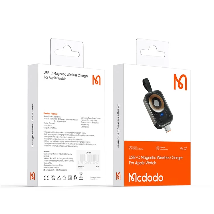 Mcdodo CH-2062 Cookie Pro Series Charger Sans Fil Pour Apple Watch, USB-C Charger de Voyage Magnétique à Charge Rapide USB-C