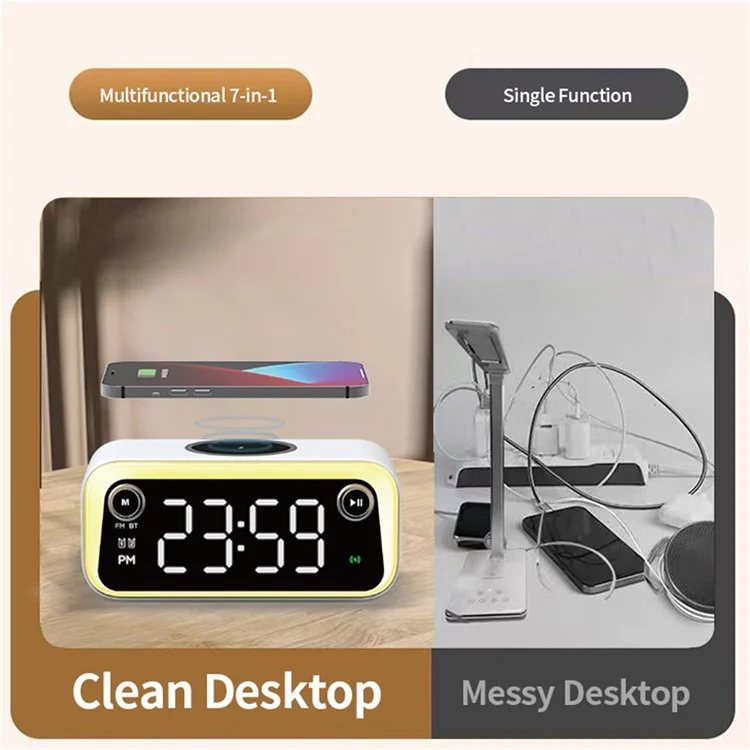 W218 Wireless Charger Phone Charger Alarm Clock with Night Light Bluetooth-compatible Speaker FM Radio