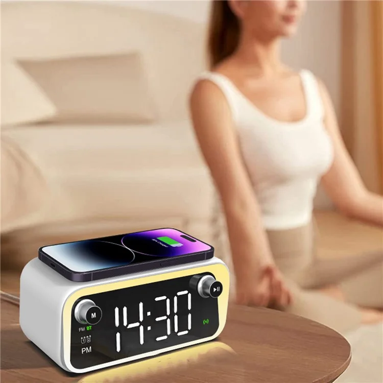 W218 Wireless Charger Phone Charger Alarm Clock with Night Light Bluetooth-compatible Speaker FM Radio