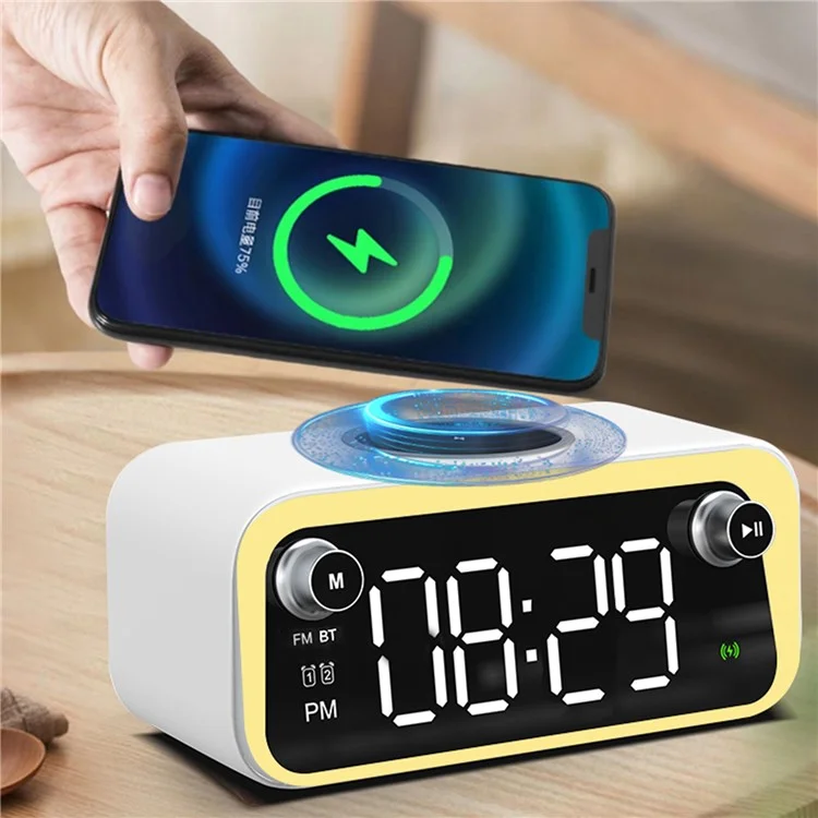 W218 Wireless Charger Phone Charger Alarm Clock with Night Light Bluetooth-compatible Speaker FM Radio