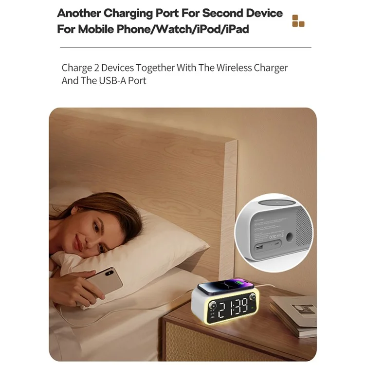 W218 Wireless Charger Phone Charger Alarm Clock with Night Light Bluetooth-compatible Speaker FM Radio