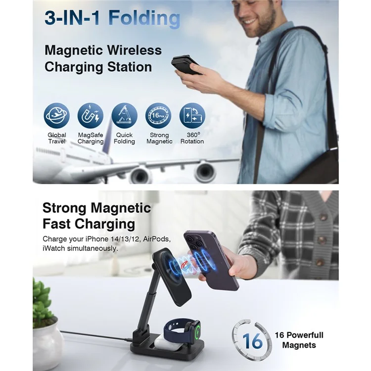 V16 3-in-1 Magnetic Wireless Charger Aluminum Alloy Phone Watch Earphone Desktop Charging Stand - Black