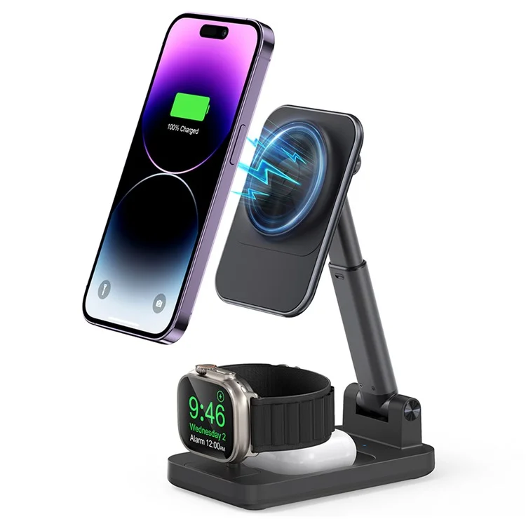 V16 3-in-1 Magnetic Wireless Charger Aluminum Alloy Phone Watch Earphone Desktop Charging Stand - Black