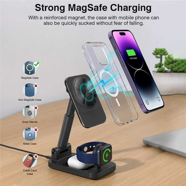 V16 3-in-1 Magnetic Wireless Charger Aluminum Alloy Phone Watch Earphone Desktop Charging Stand - Black