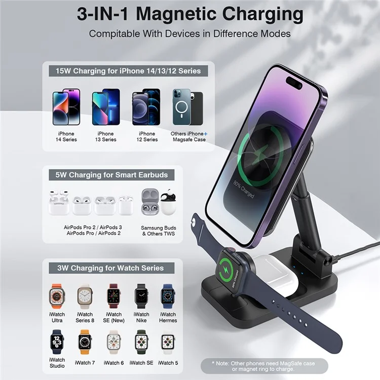 V16 3-in-1 Magnetic Wireless Charger Aluminum Alloy Phone Watch Earphone Desktop Charging Stand - Black