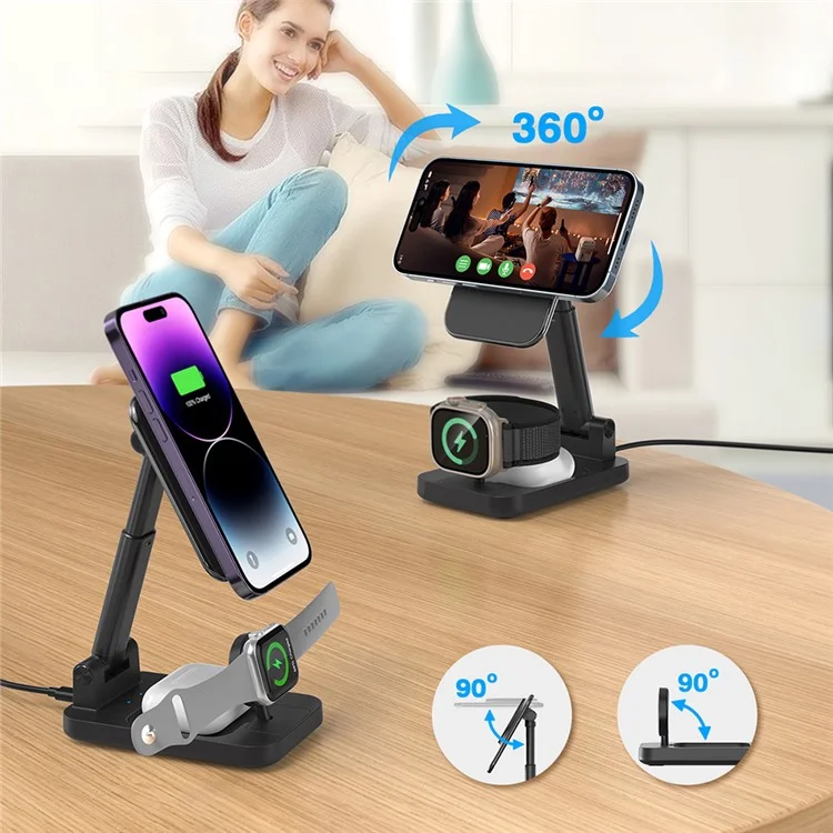 V16 3-in-1 Magnetic Wireless Charger Aluminum Alloy Phone Watch Earphone Desktop Charging Stand - Black
