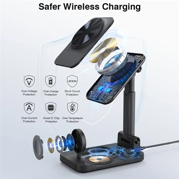 V16 3-in-1 Magnetic Wireless Charger Aluminum Alloy Phone Watch Earphone Desktop Charging Stand - Black