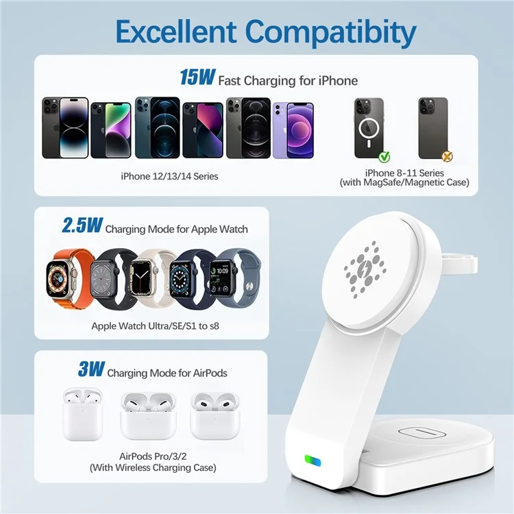 B-23 Para iPhone 12-15 Serie Cargador Inalámbrico Magnético Auricular Reloj Plegable Estación de Carga Inalámbrica 3 en 1 - Negro