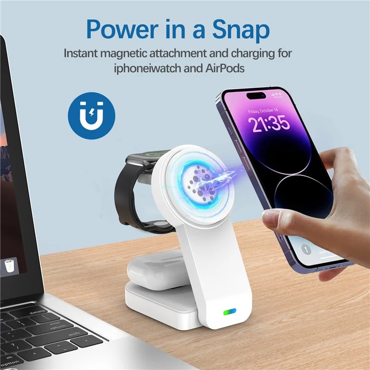 B-23 Para iPhone 12-15 Serie Cargador Inalámbrico Magnético Auricular Reloj Plegable Estación de Carga Inalámbrica 3 en 1 - Negro