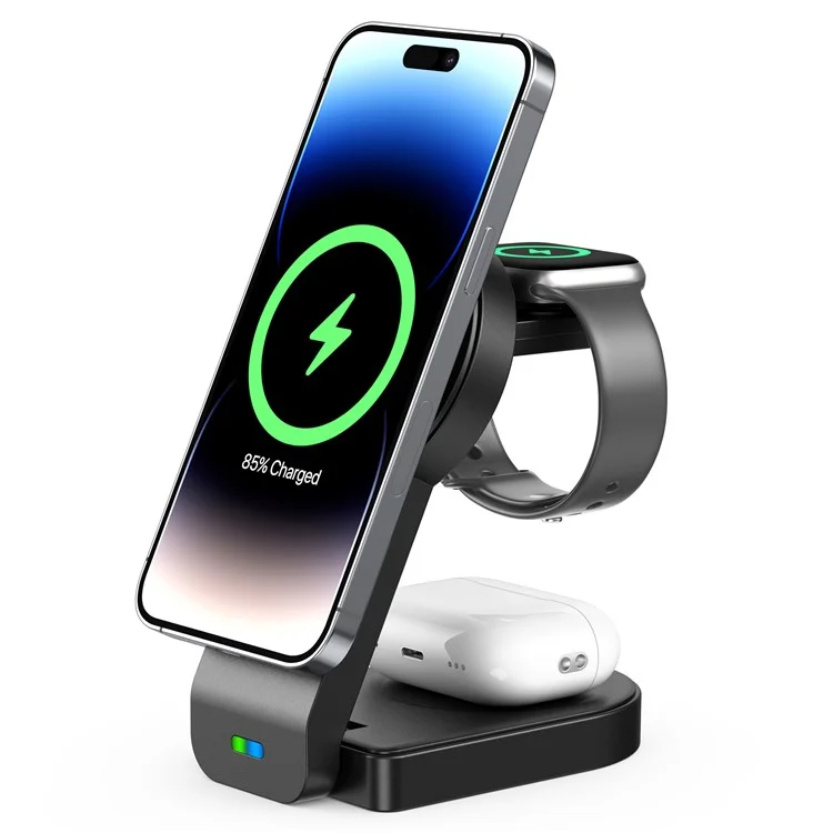B-23 Para iPhone 12-15 Serie Cargador Inalámbrico Magnético Auricular Reloj Plegable Estación de Carga Inalámbrica 3 en 1 - Negro