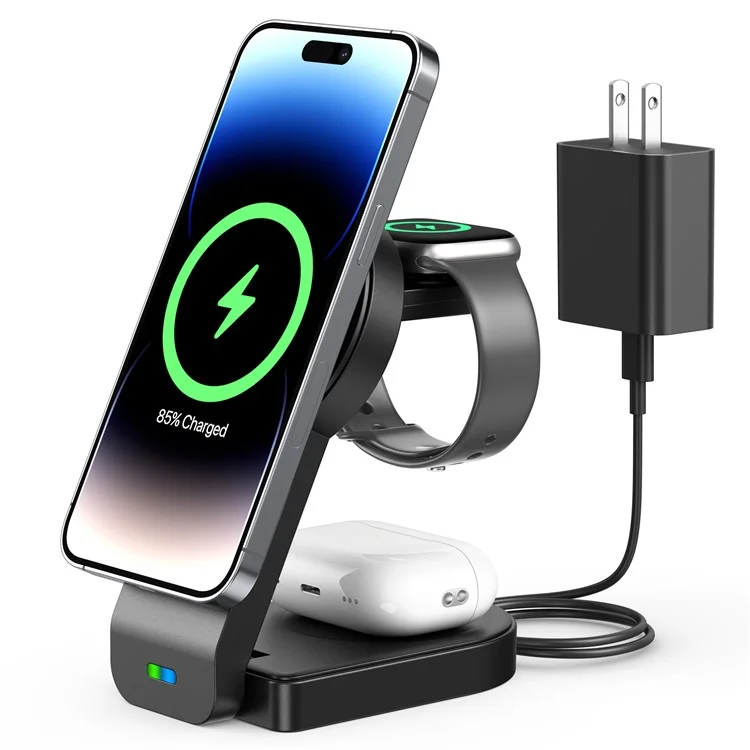 B-23 Para iPhone 12-15 Serie Cargador Inalámbrico Magnético Auricular Reloj Plegable Estación de Carga Inalámbrica 3 en 1 - Negro