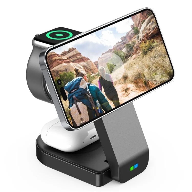 B-23 Para iPhone 12-15 Serie Cargador Inalámbrico Magnético Auricular Reloj Plegable Estación de Carga Inalámbrica 3 en 1 - Negro