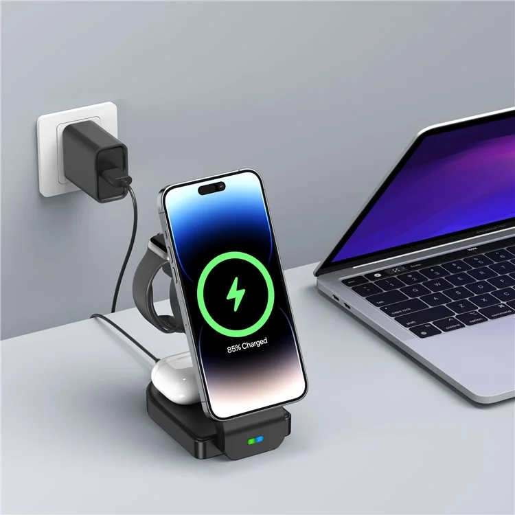 B-23 Para iPhone 12-15 Serie Cargador Inalámbrico Magnético Auricular Reloj Plegable Estación de Carga Inalámbrica 3 en 1 - Negro