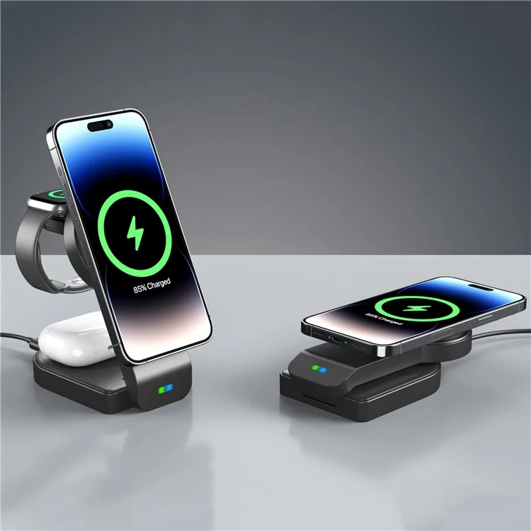 B-23 Para iPhone 12-15 Serie Cargador Inalámbrico Magnético Auricular Reloj Plegable Estación de Carga Inalámbrica 3 en 1 - Negro