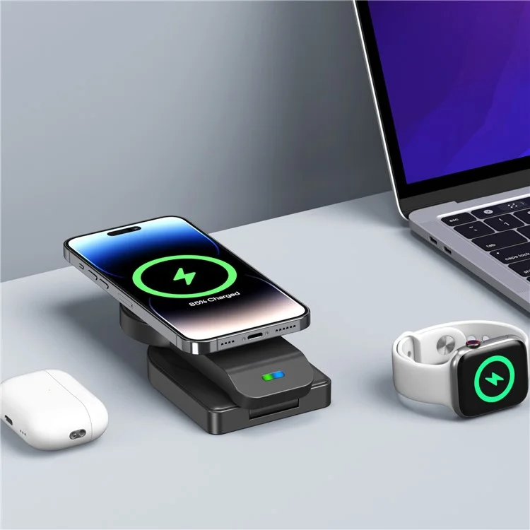 B-23 Para iPhone 12-15 Serie Cargador Inalámbrico Magnético Auricular Reloj Plegable Estación de Carga Inalámbrica 3 en 1 - Negro