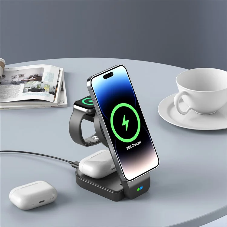 B-23 Para iPhone 12-15 Serie Cargador Inalámbrico Magnético Auricular Reloj Plegable Estación de Carga Inalámbrica 3 en 1 - Negro