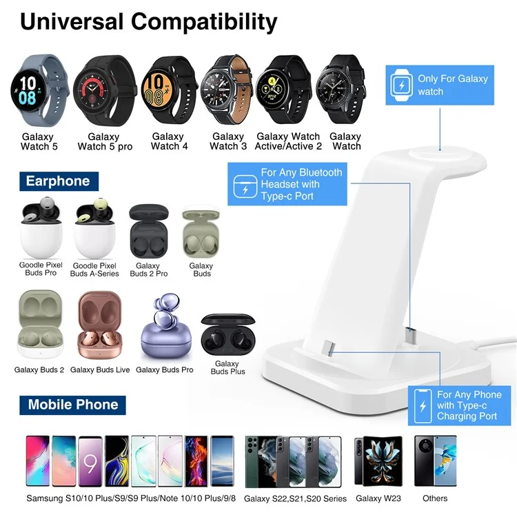 W-07 4-in-1 Kabellose Ladestation für Samsung Galaxy S10 / S9 / Galaxy Watch Active / Active2 / Watch3 / 4 / 5 Serie - Weiß