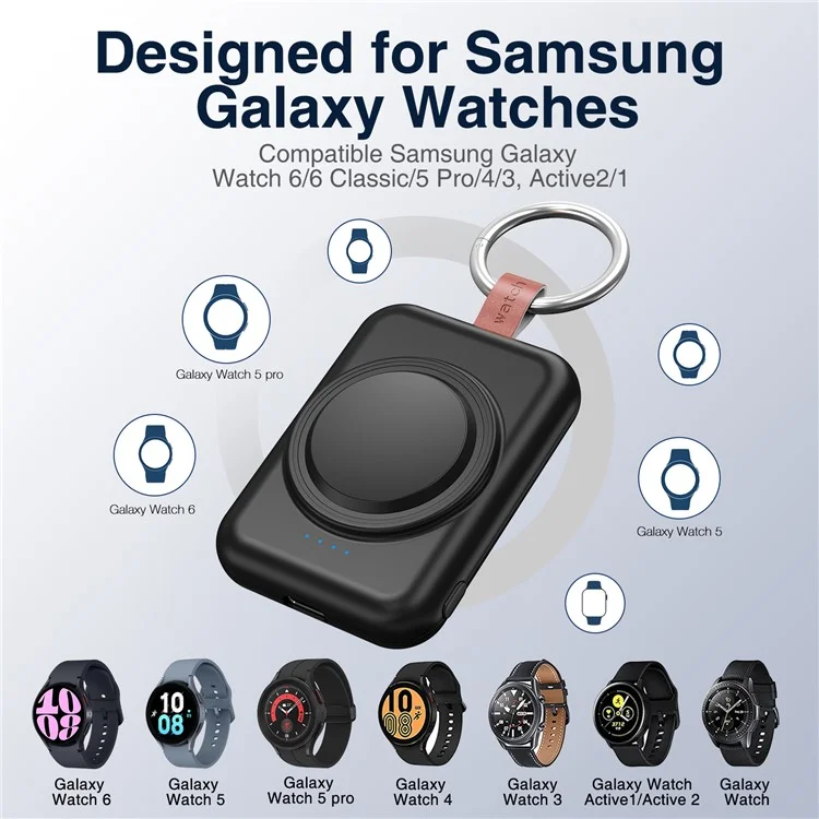 A-03 1800mAh Mini Power Bank per Samsung Galaxy Watch 6 / 5 / 5 Pro / 4 / 3 / Active / Active 2 Caricatore Wireless Portatile - Nero
