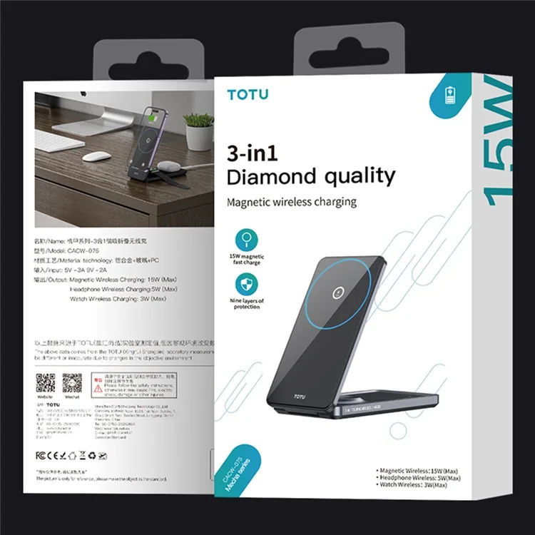 TOTU CACW-075 Mecha Series 3-in-1 Magnetic Wireless Charger Stand Folding Desktop Phone Charging Station