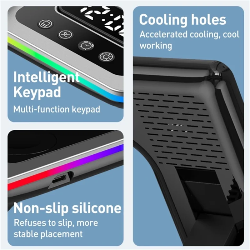 A93 15W 5-in-1 Multi-Function Folding Wireless Charger Cell Phone Charging Station with Clock for Headset Smart Watch - Black