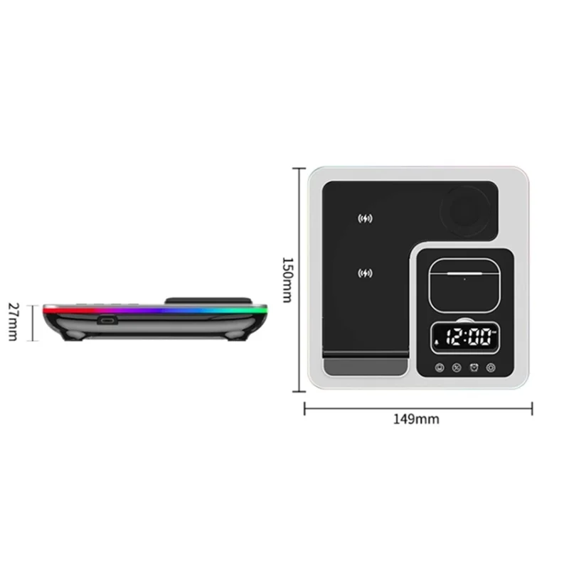 A93 15W 5-in-1 Multi-Function Folding Wireless Charger Cell Phone Charging Station with Clock for Headset Smart Watch - Black