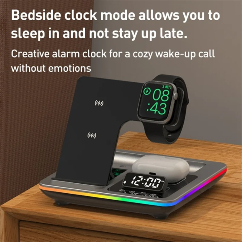 A93 15W 5-in-1 Multi-Function Folding Wireless Charger Cell Phone Charging Station with Clock for Headset Smart Watch - Black