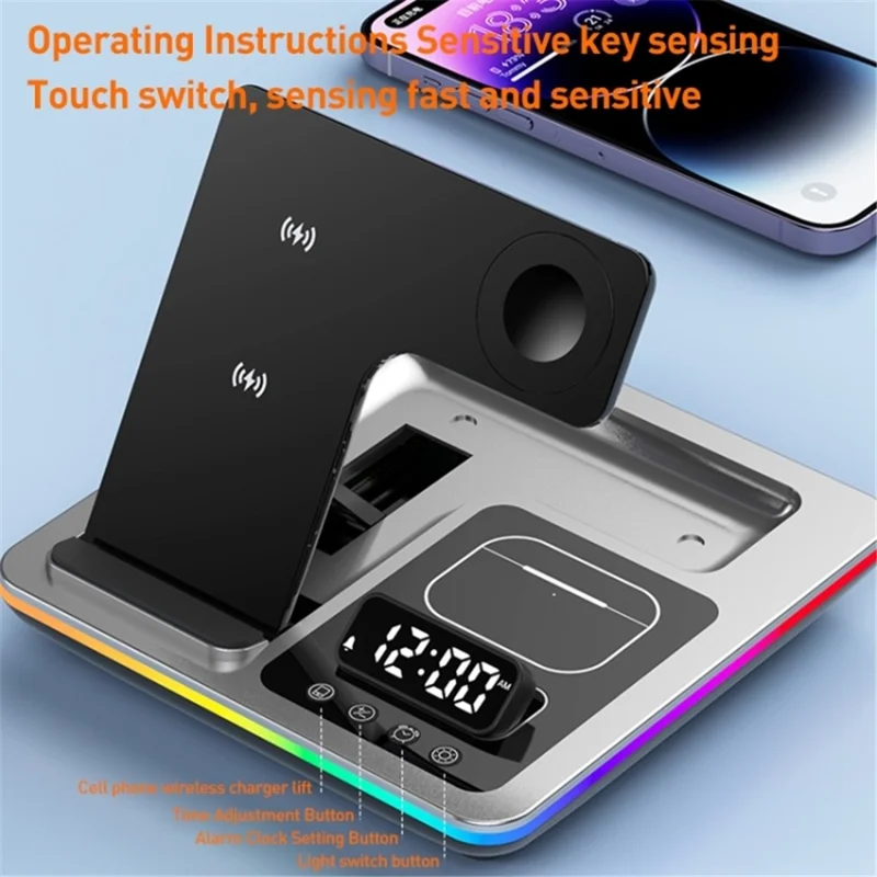 A93 15W 5-in-1 Multi-Function Folding Wireless Charger Cell Phone Charging Station with Clock for Headset Smart Watch - Black