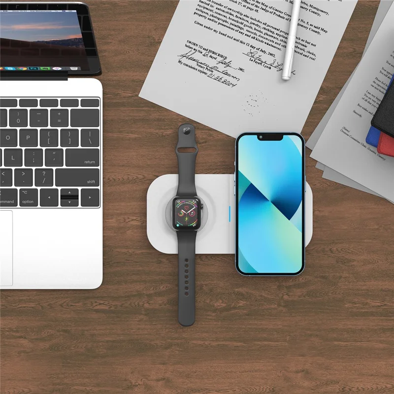 T2A 2-in-1 15W Wireless Charging Station for Apple Watch Series, Mobile Phone Wireless Charger - White